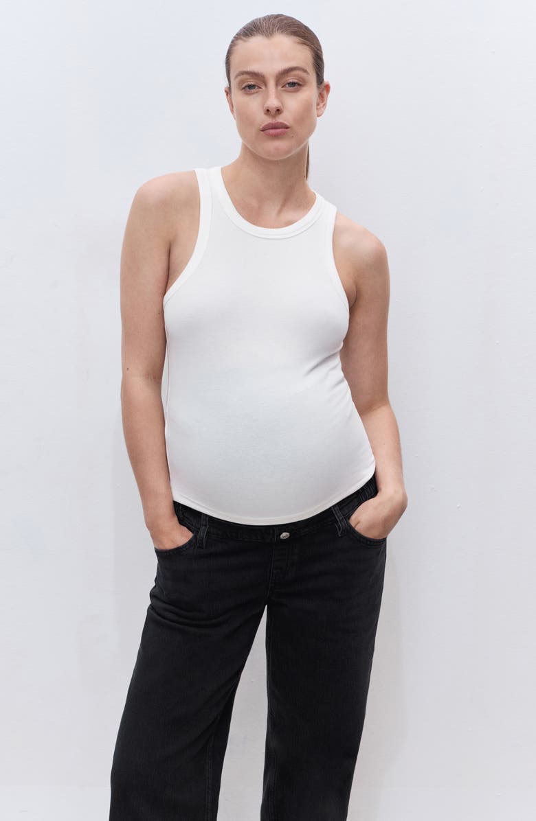 MANGO Over the Bump Raw Hem Wide Leg Maternity Jeans, Alternate, color, Black Denim