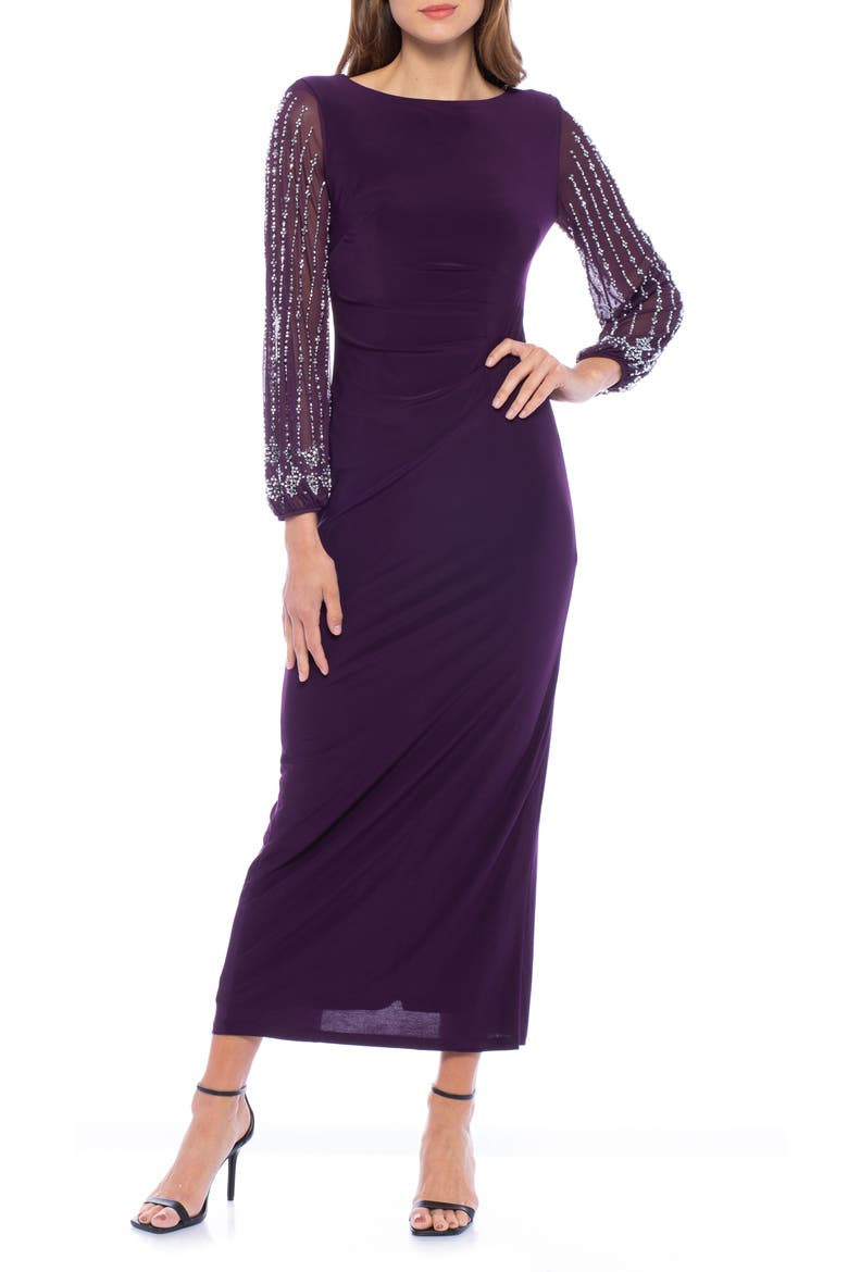 Beaded Long Sleeve Jersey Gown, Main, color, EGGPLANT