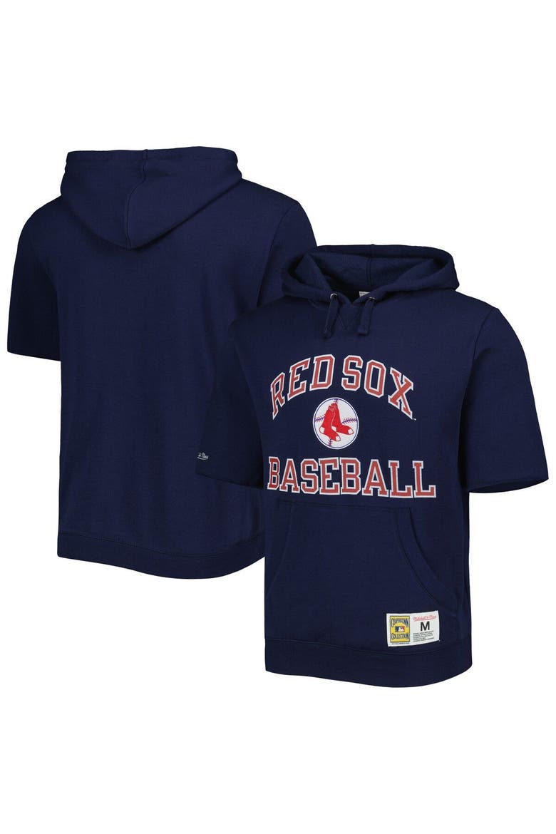 Men's Mitchell & Ness Navy Boston Red Sox Cooperstown Collection Washed Fleece Pullover Short Sleeve Hoodie, Main, color, Navy