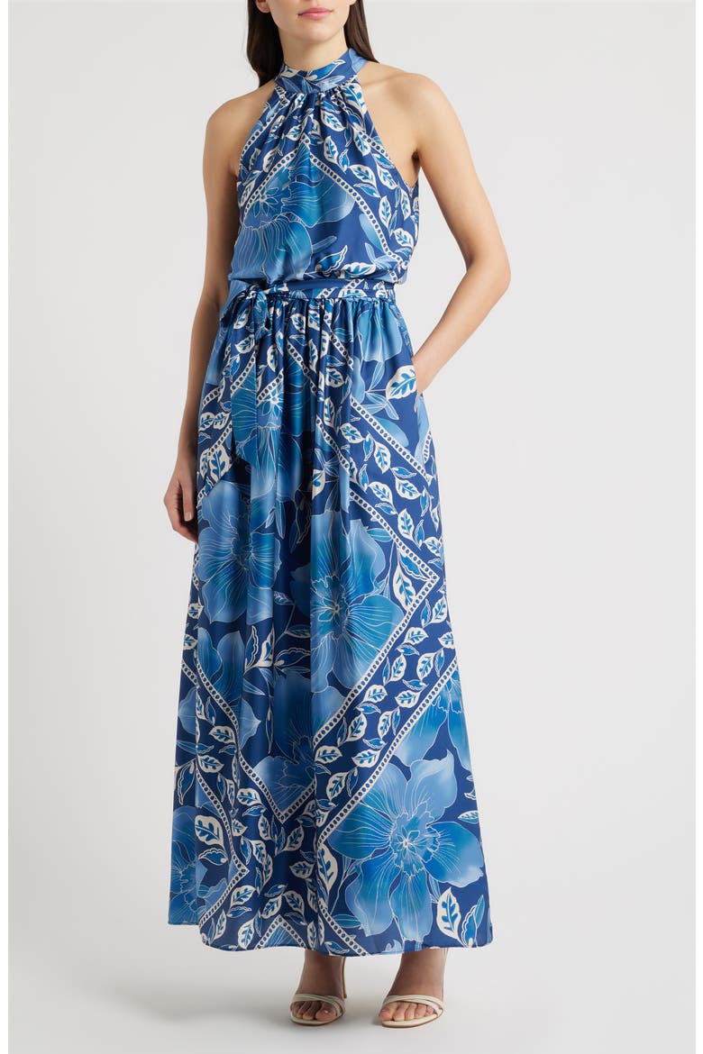 Printed Mock Neck Satin Maxi Dress, Main, color, BLUE MULTI