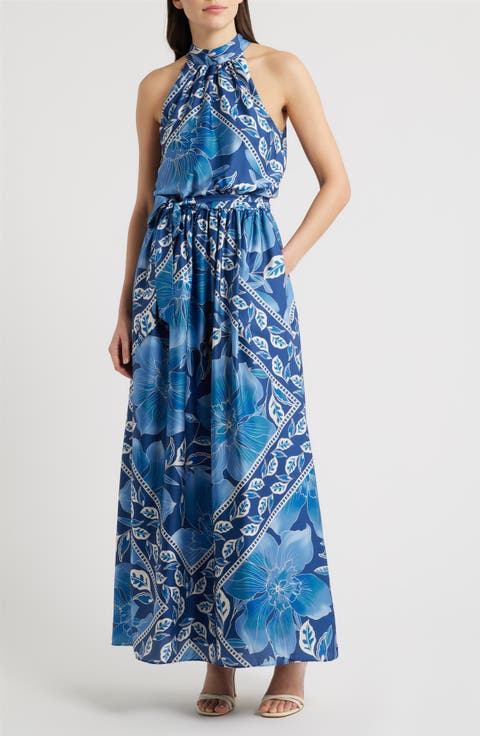 Printed Mock Neck Satin Maxi Dress