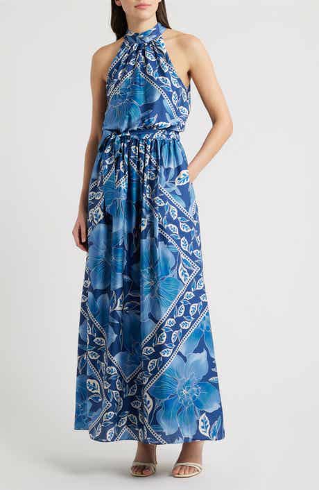 Printed Mock Neck Satin Maxi Dress