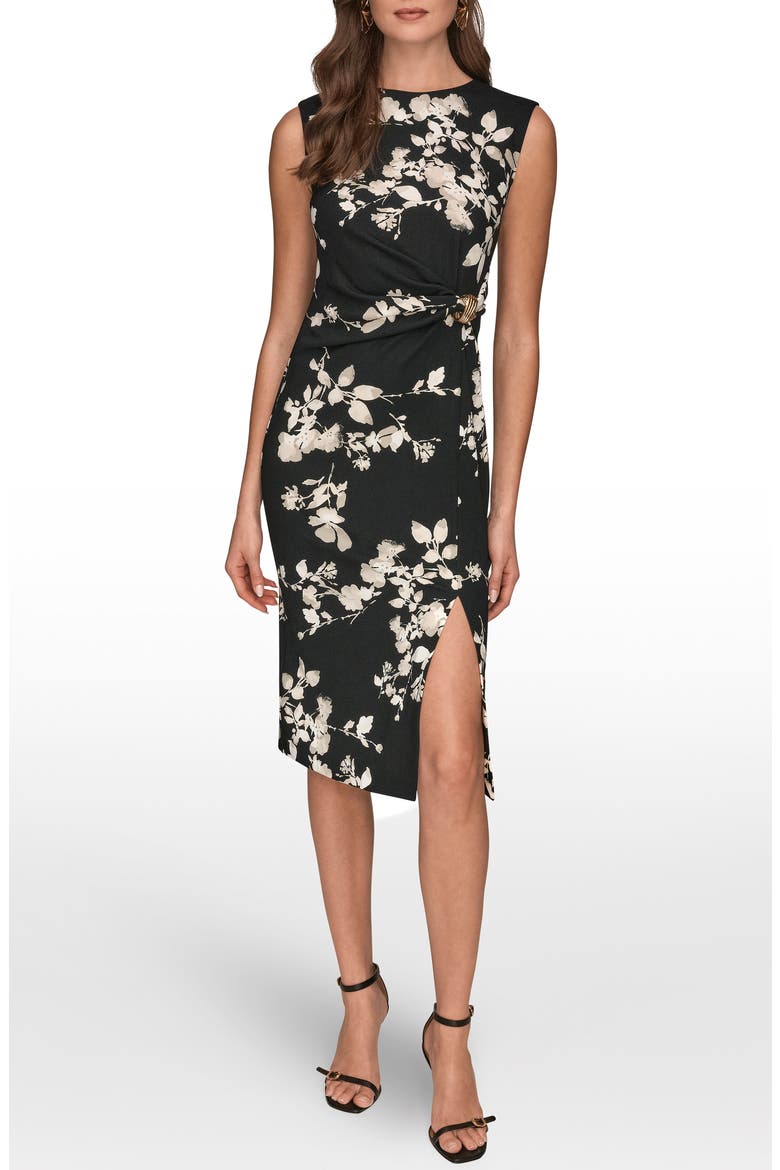 Floral Side Ruched Sheath Dress, Main, color, BLACK MULTI
