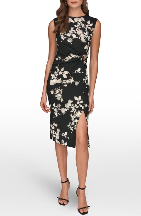 Floral Side Ruched Sheath Dress