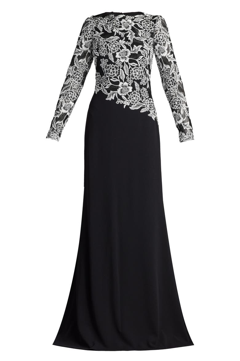 Sequin Lace Long Sleeve Crepe Gown, Alternate, color, IVORY/ BLACK