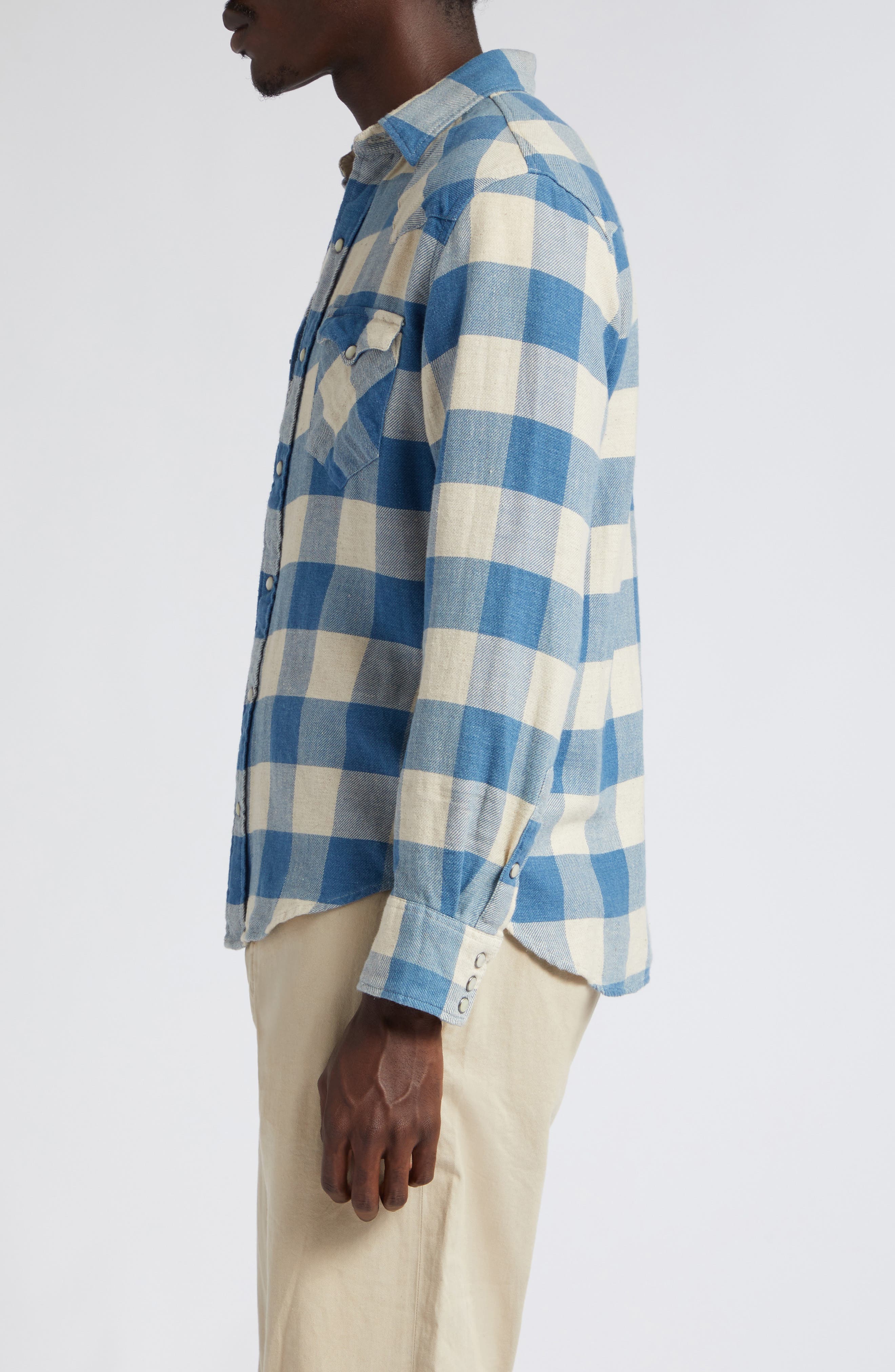 Double RL Slim Fit Buffalo Plaid Cotton & Linen Twill Western Snap