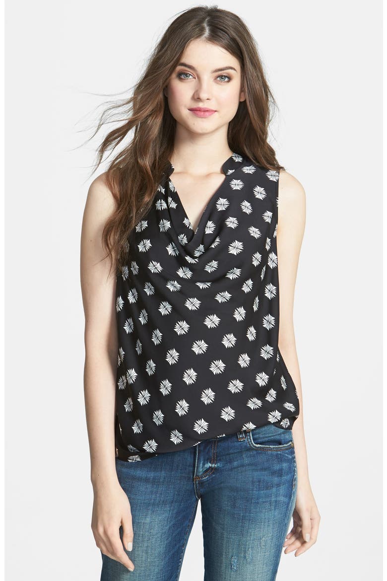 Mixed Media Drape Neck Top, Main, color, BLACK- IVORY SMALL BOW PRINT