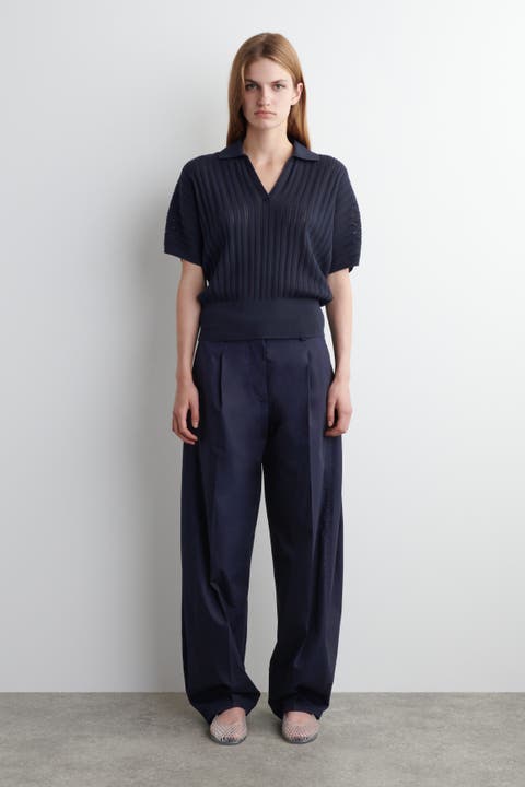 Pleated Cotton Barrel-Leg Trousers