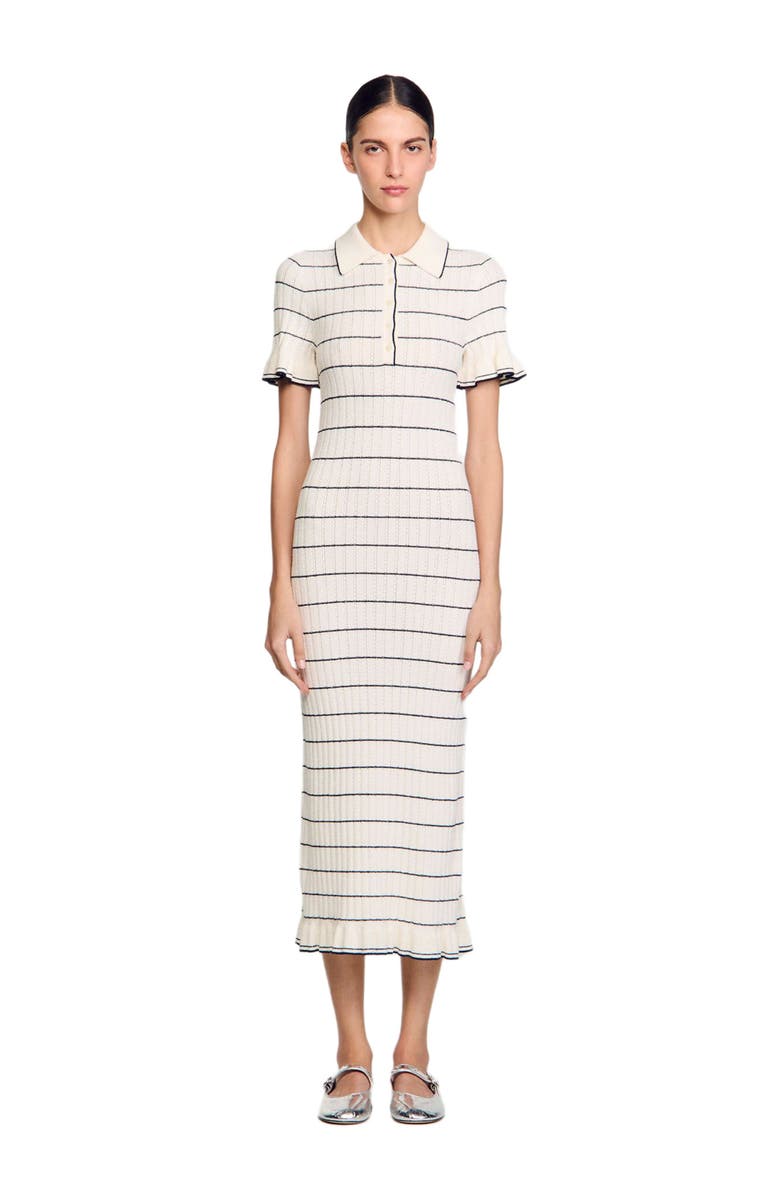 SANDRO Knitted midi dress with polo neck, Main, color, Ecru