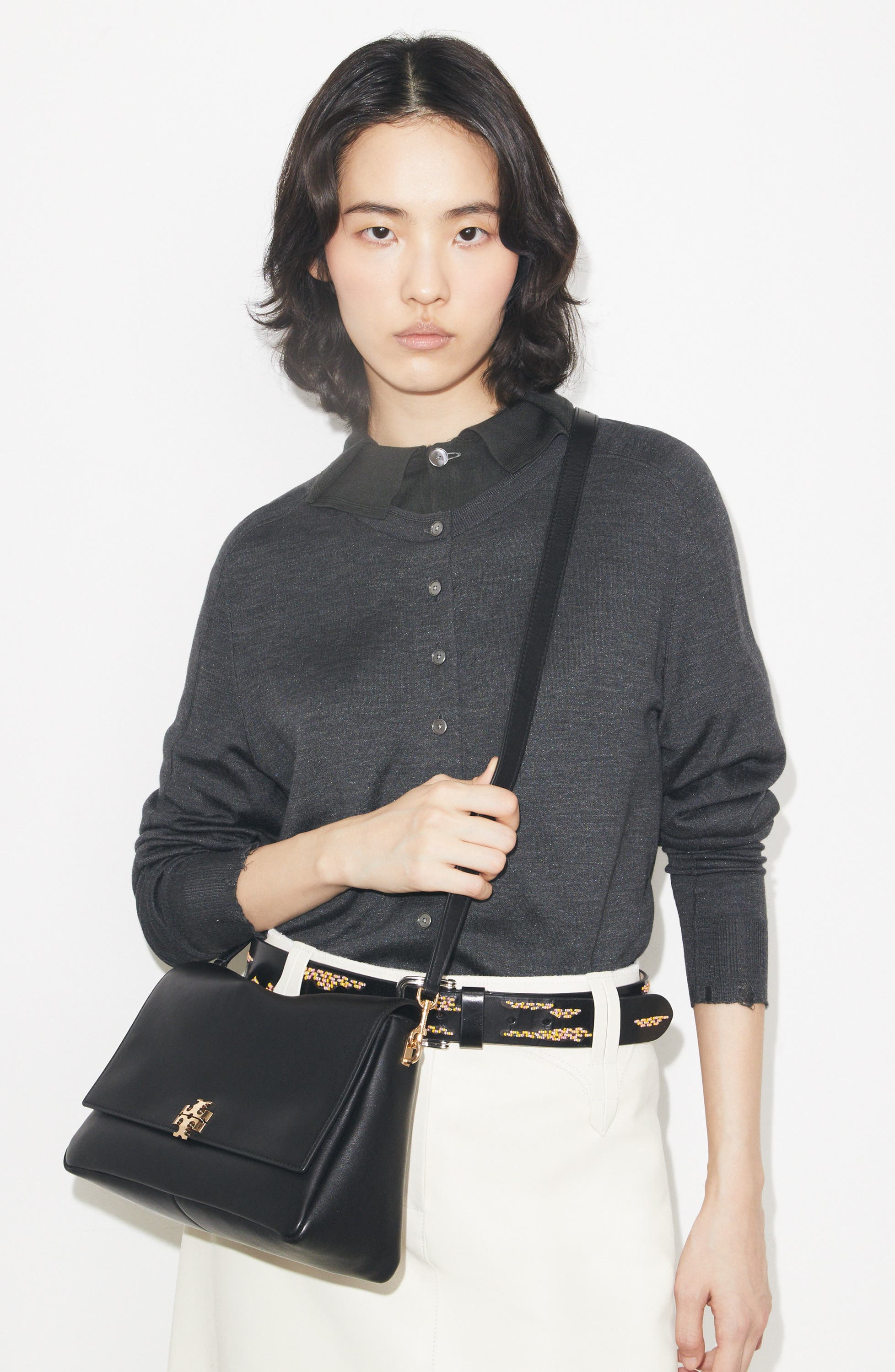 Tory Burch Charlie Leather Shoulder Bag, Alternate, color, Black