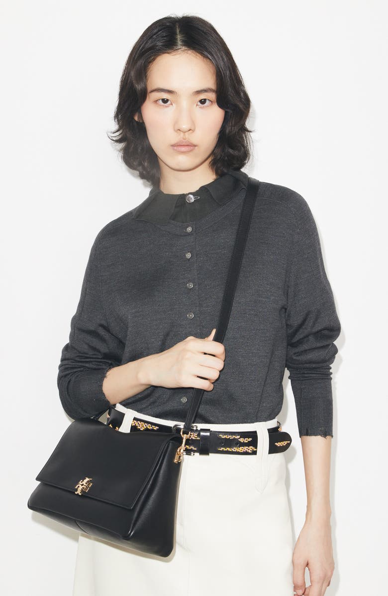 Tory Burch Charlie Leather Shoulder Bag, Alternate, color, Black