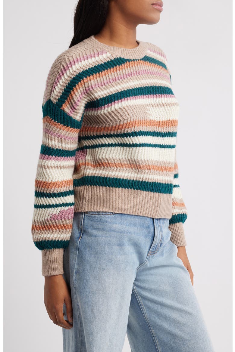 Stripe Balloon Sleeve Crewneck Sweater, Alternate, color, TAUPE COMBO