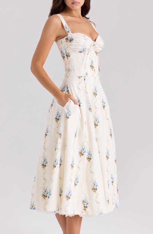 House Of Cb Rosalee Corset Fit & Flare Sundress In Hydrangea Stripe Cream