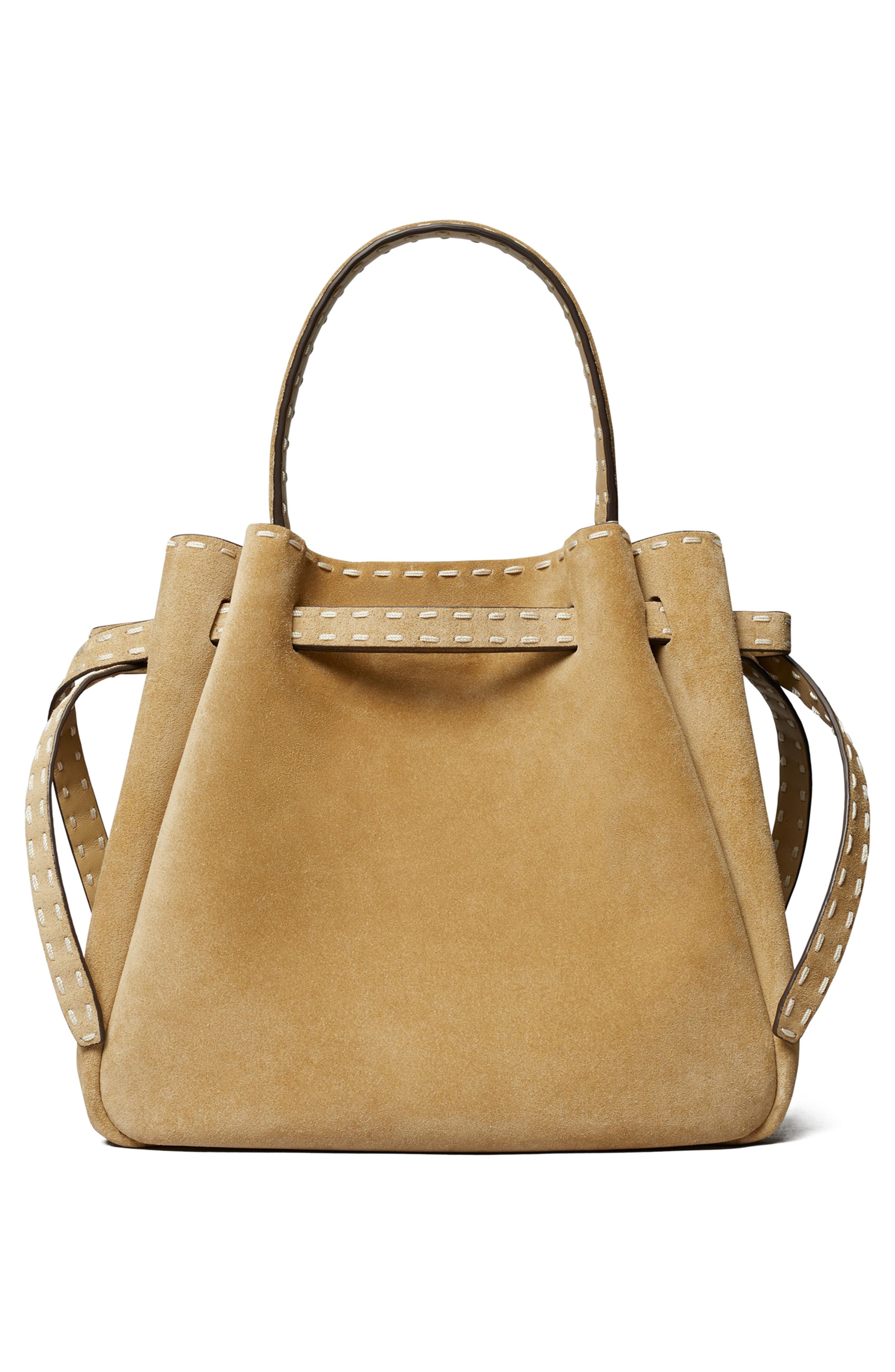Tory Burch Romy Suede Bucket Bag, Alternate, color, Butter