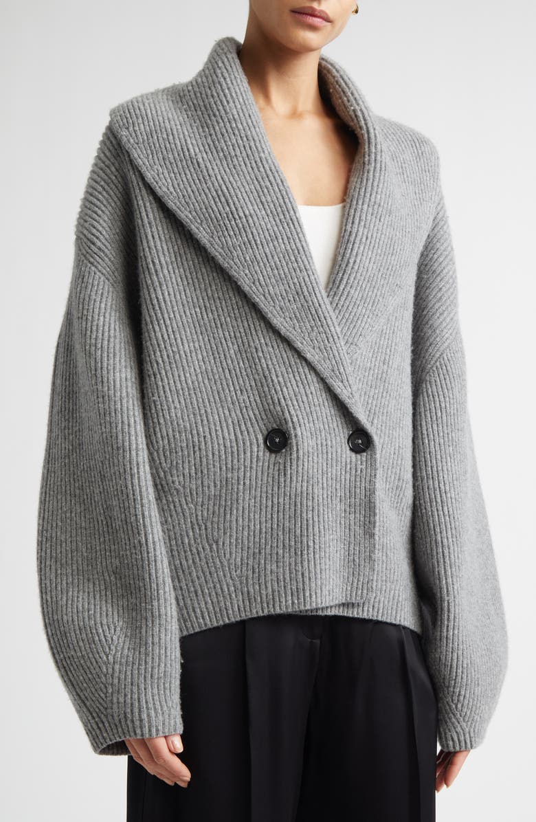 TOTEME Shawl Collar Wool Rib Cardigan, Alternate, color, Mid Grey Melange