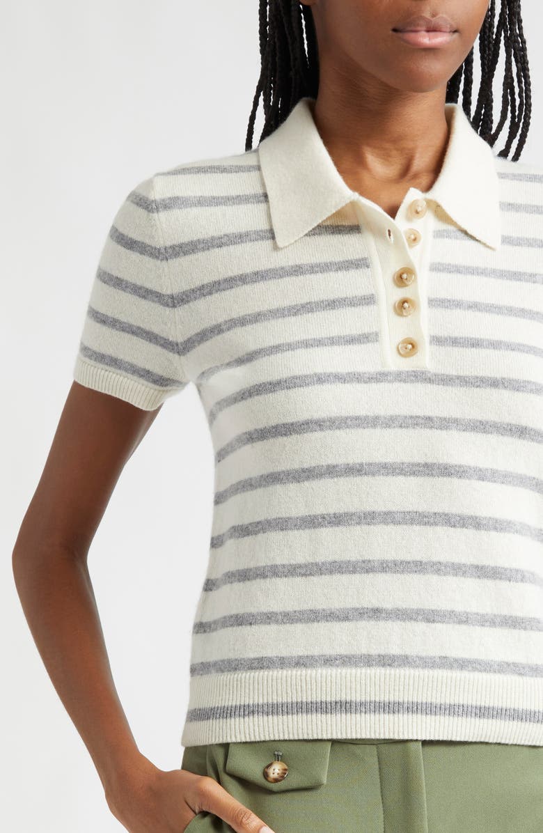 Veronica Beard Brandt Stripe Cashmere Polo Sweater, Alternate, color, Ivory Heather Grey