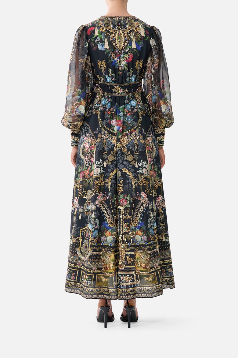 Shaped Waistband Dress With Gathered Sleeves, Alternate, color, Night Garden