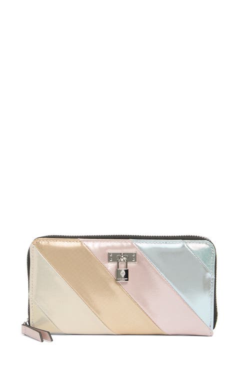 Stripe Leather Zip Around Wallet