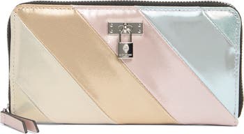Stripe Leather Zip Around Wallet
