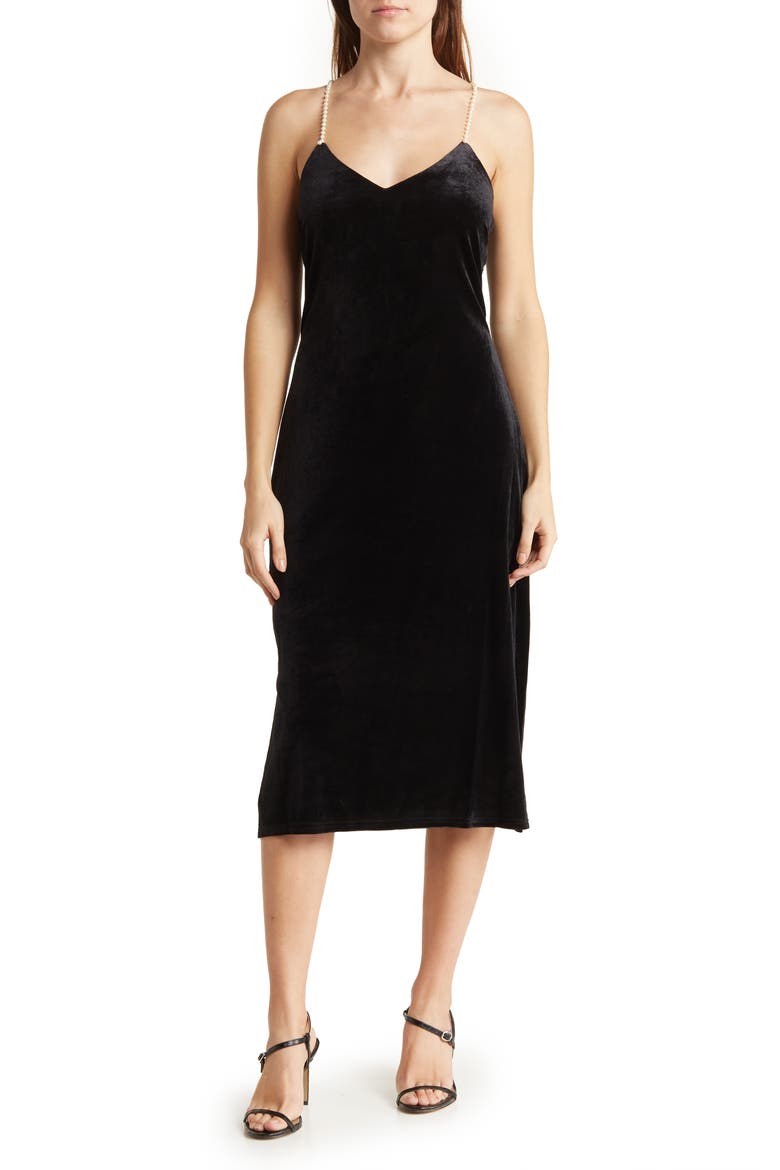 Beaded Strap Velvet Midi Dress, Main, color, BLACK