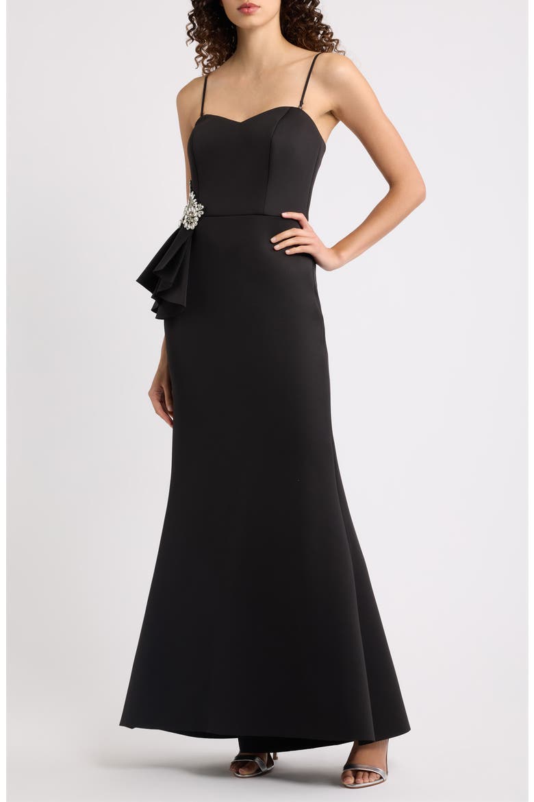 Rhinestone Ruffle Detail Sweetheart Strapless Gown, Alternate, color, BLACK