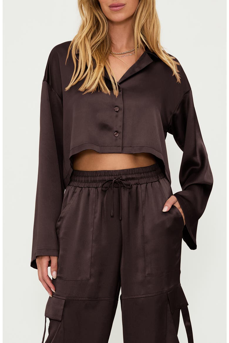 Vella Satin Crop Button-Up Shirt, Main, color, JAVA SATIN