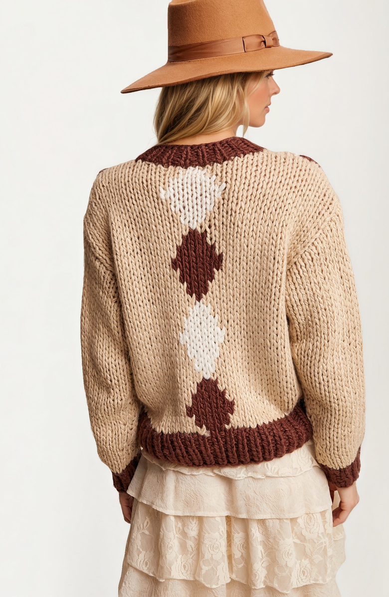 Knit and Lounge Chunky Floral Crochet Knit Cardigan, Alternate, color, Brown With Floral Accents