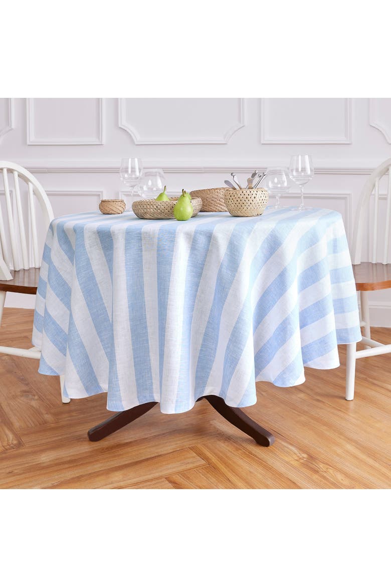 Linen Round Tablecloth - Cabana Stripe, Alternate, color, Sky Blue and White