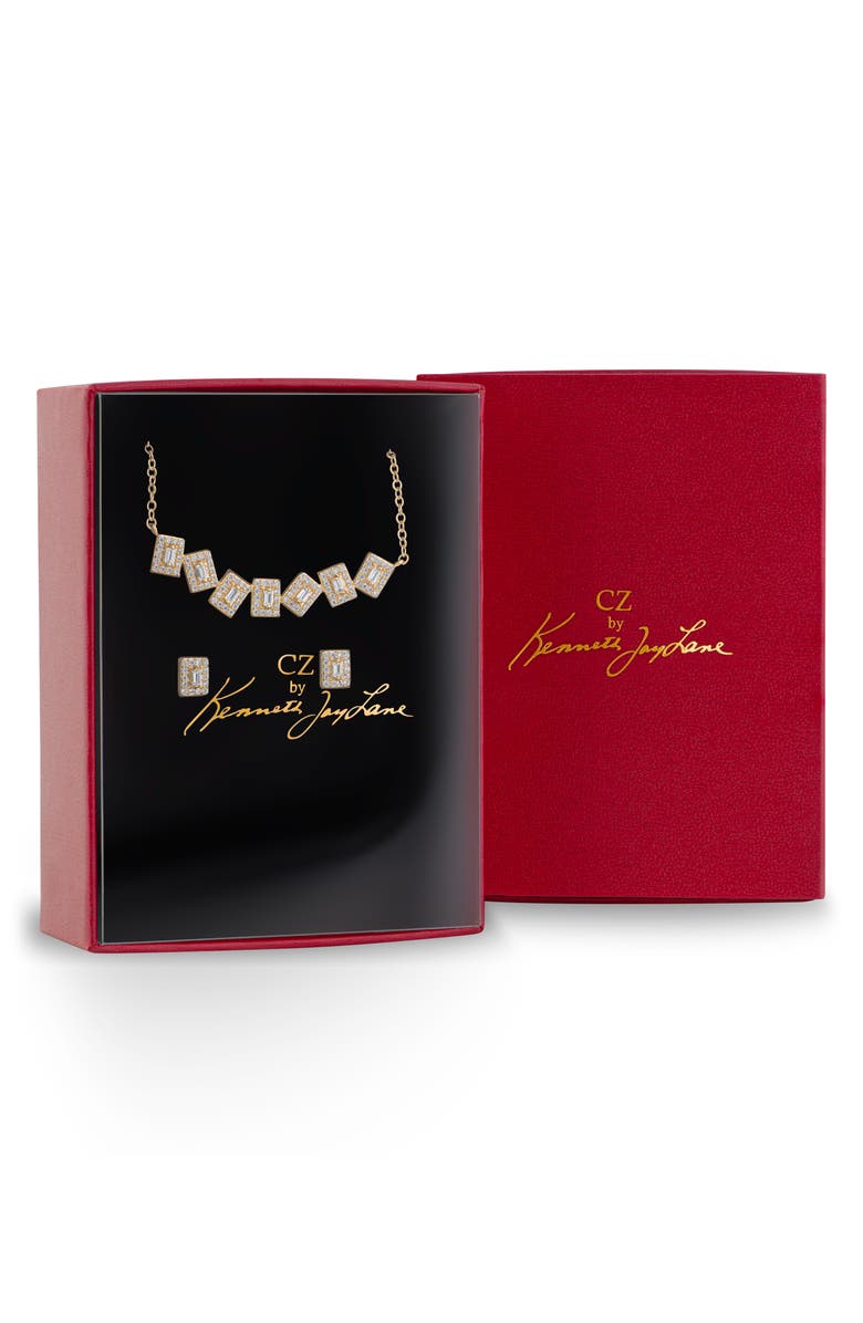 CZ by Kenneth Jay Lane Pavé Cubic Zirconia Scatter Bar Pendant Necklace & Stud Earrings Set, Main, color, Clear/ Gold