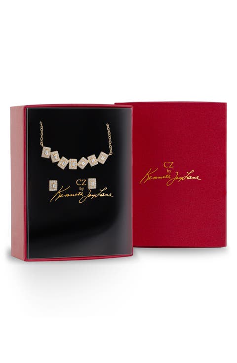 Pavé Cubic Zirconia Scatter Bar Pendant Necklace & Stud Earrings Set