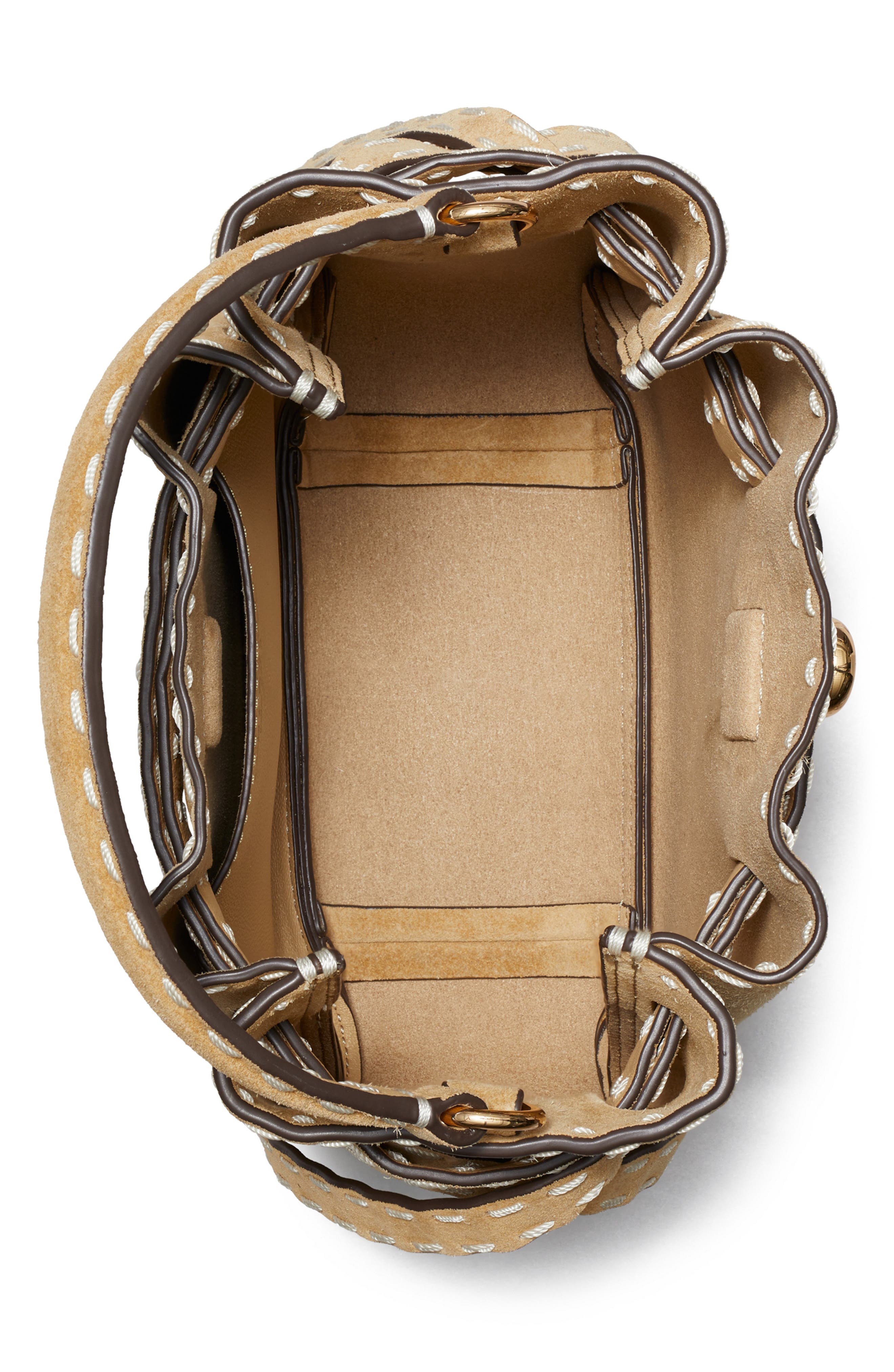Tory Burch Mini Romy Suede Bucket Bag, Alternate, color, Butter