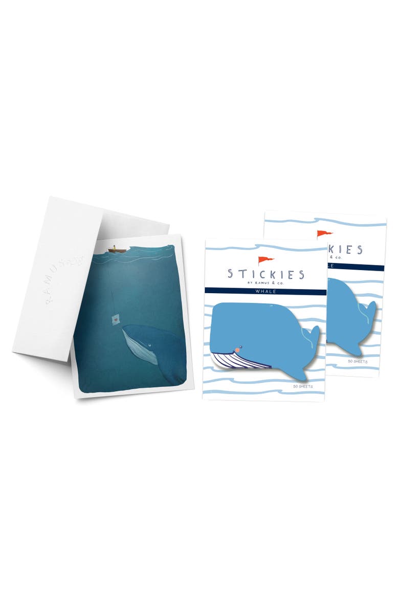 Ramus & Co Whale Stickies 3" x 3" 50-Sheet Sticky Notes (2-Pack) & Love Note Whale Greeting Card Combo, Main, color, Multi-Pack
