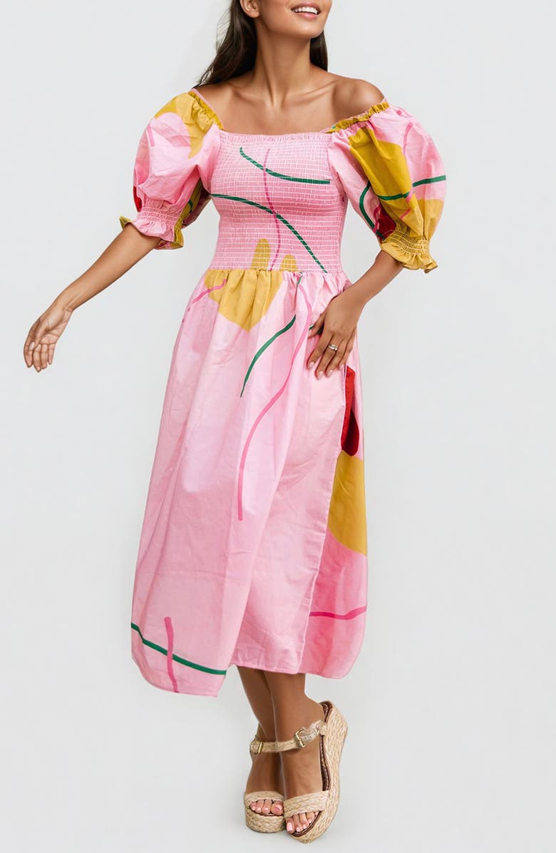 Jessie Zhao New York Valentina Abstract Smocked Pink Midi Dress, Main, color, 
