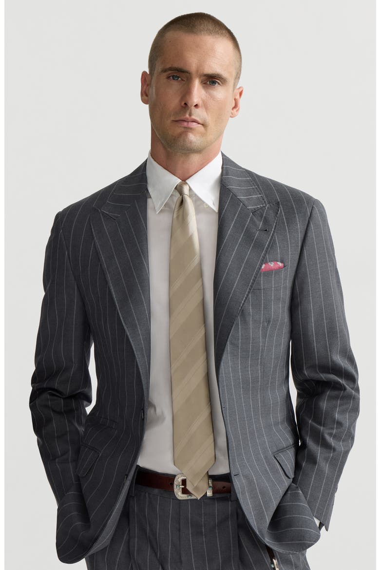 Super 150s virgin wool wide chalk stripe batavia Tailor blazer with peak lapels, Alternate, color, Grey