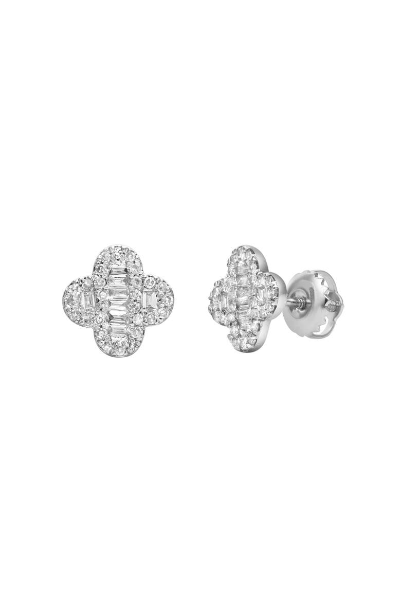 Alina Baguette & Round-Cut Diamond Clover Stud Earrings in 14K Gold, Main, color, 14K White Gold