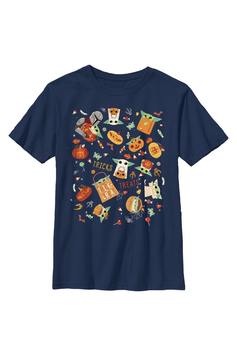 Boy's Star Wars The Mandalorian Halloween Candy Collage  Graphic T-Shirt, Main, color, Navy Blue