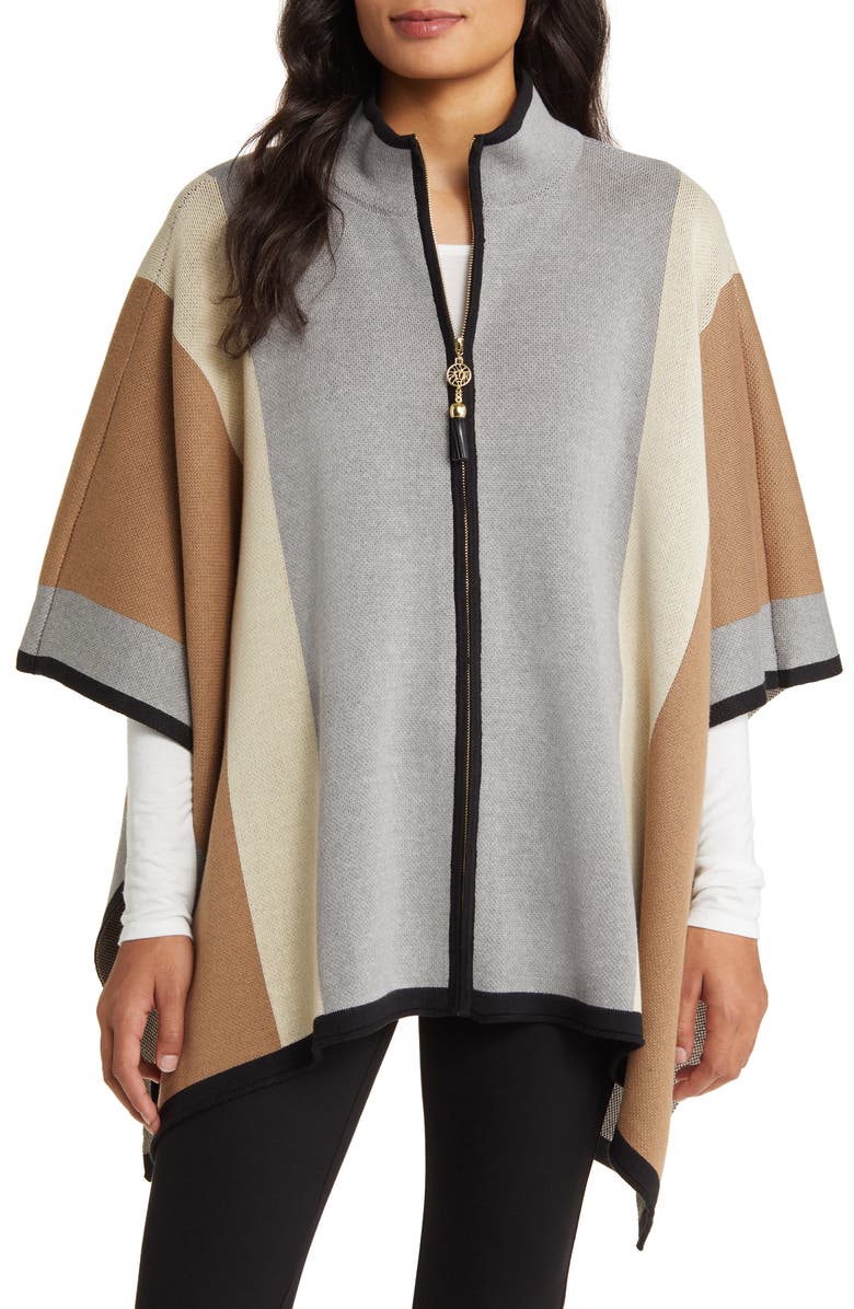 Anne Klein Vertical Stripe Zip Front Poncho, Alternate, color, 