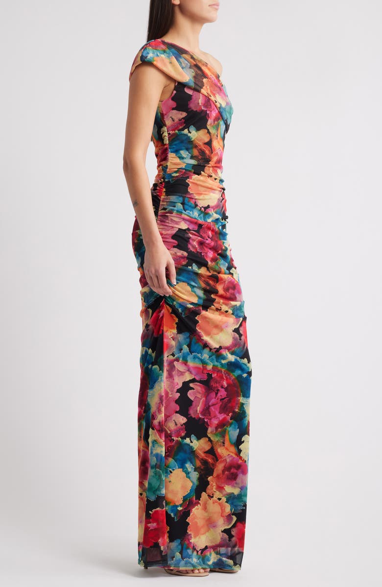 Black Halo Rosario Ruched One-Shoulder Maxi Dress, Alternate, color, Rainbow Canvas