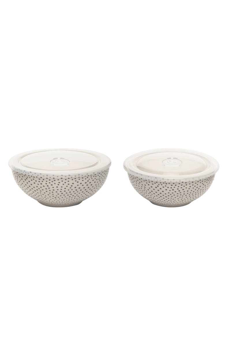 Dotty Bowls w/ Plastic Lid Set of 2 Ceramic White 25.7 oz, Main, color, White