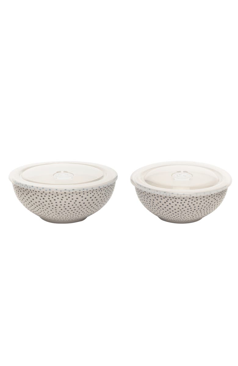 Totalee Gift Dotty Bowls w/ Plastic Lid Set of 2 Ceramic White 25.7 oz, Main, color, White