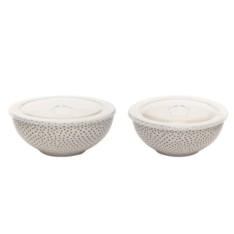 Dotty Bowls w/ Plastic Lid Set of 2 Ceramic White 25.7 oz