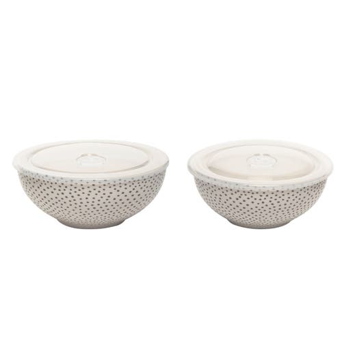 Totalee Gift Dotty Bowls W/ Plastic Lid Set Of 2 Ceramic White 25.7 oz