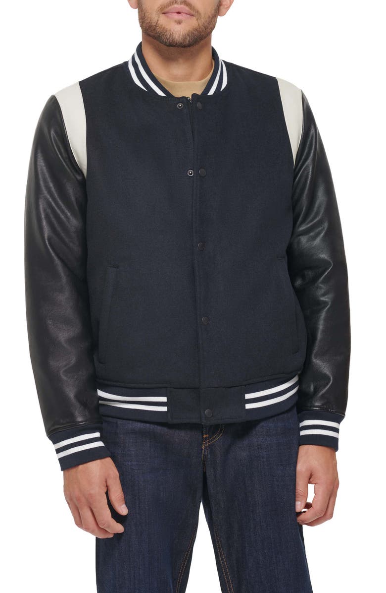 Levi's<sup>®</sup> Water Resistant Letterman Bomber Jacket, Main, color, Navy
