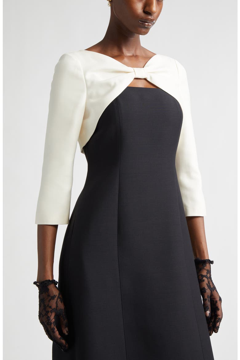 Bow Colorblock Crepe Couture Midi Dress, Alternate, color, BLACK/ IVORY