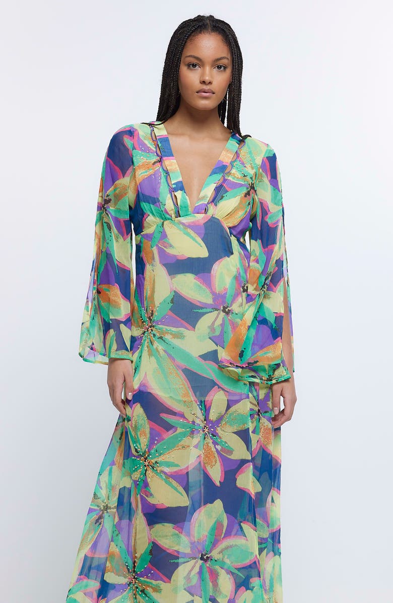 River Island Floral Embellished Flare Sleeve Beach Maxi Dress, Alternate, color, 