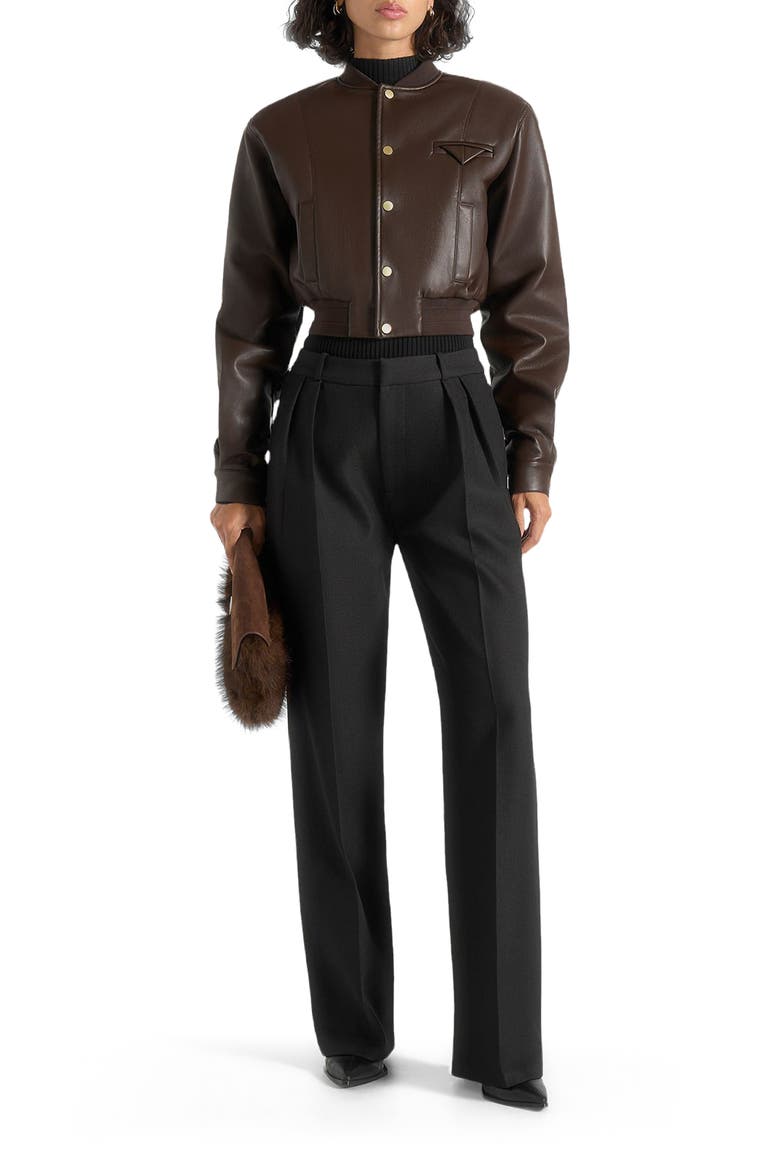 Zina Leather Wide Shoulder Bomber Jacket, Alternate, color, Brown