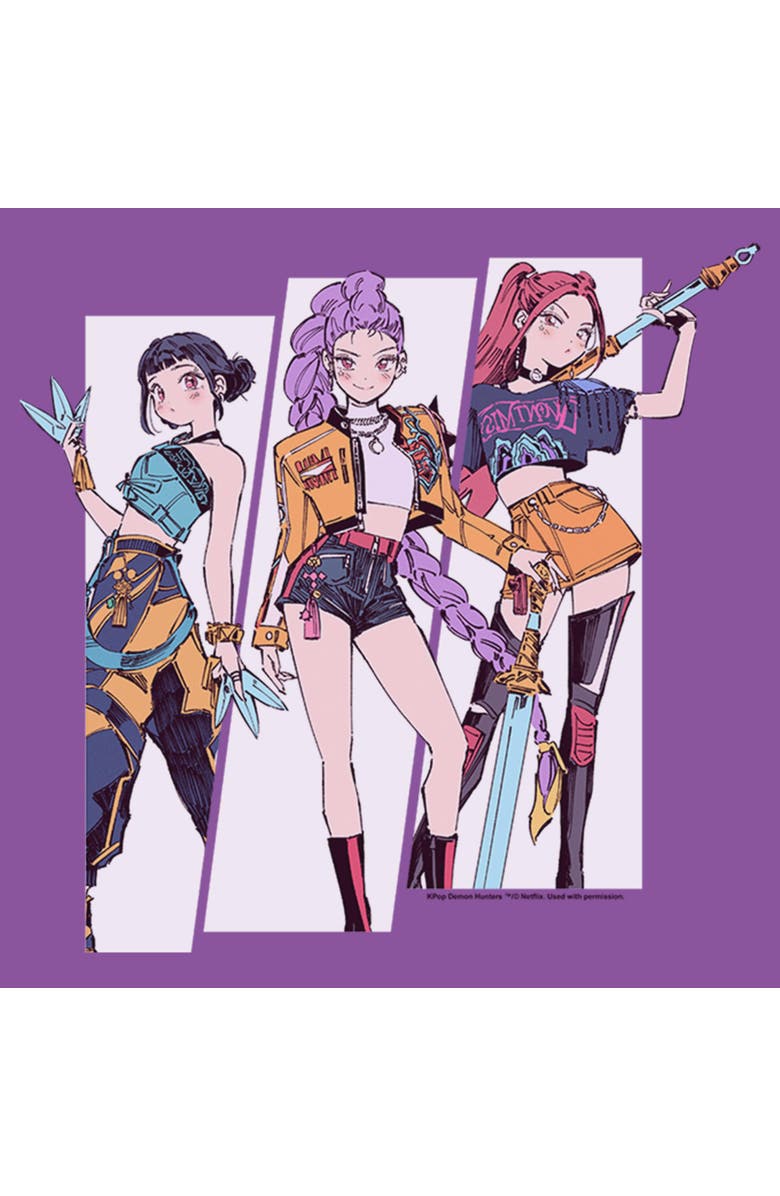 KPop Demon Hunters Girl's KPop Demon Hunters HUNTR/X Manhwa Comic Group Shot  Graphic T-Shirt, Alternate, color, Purple Berry