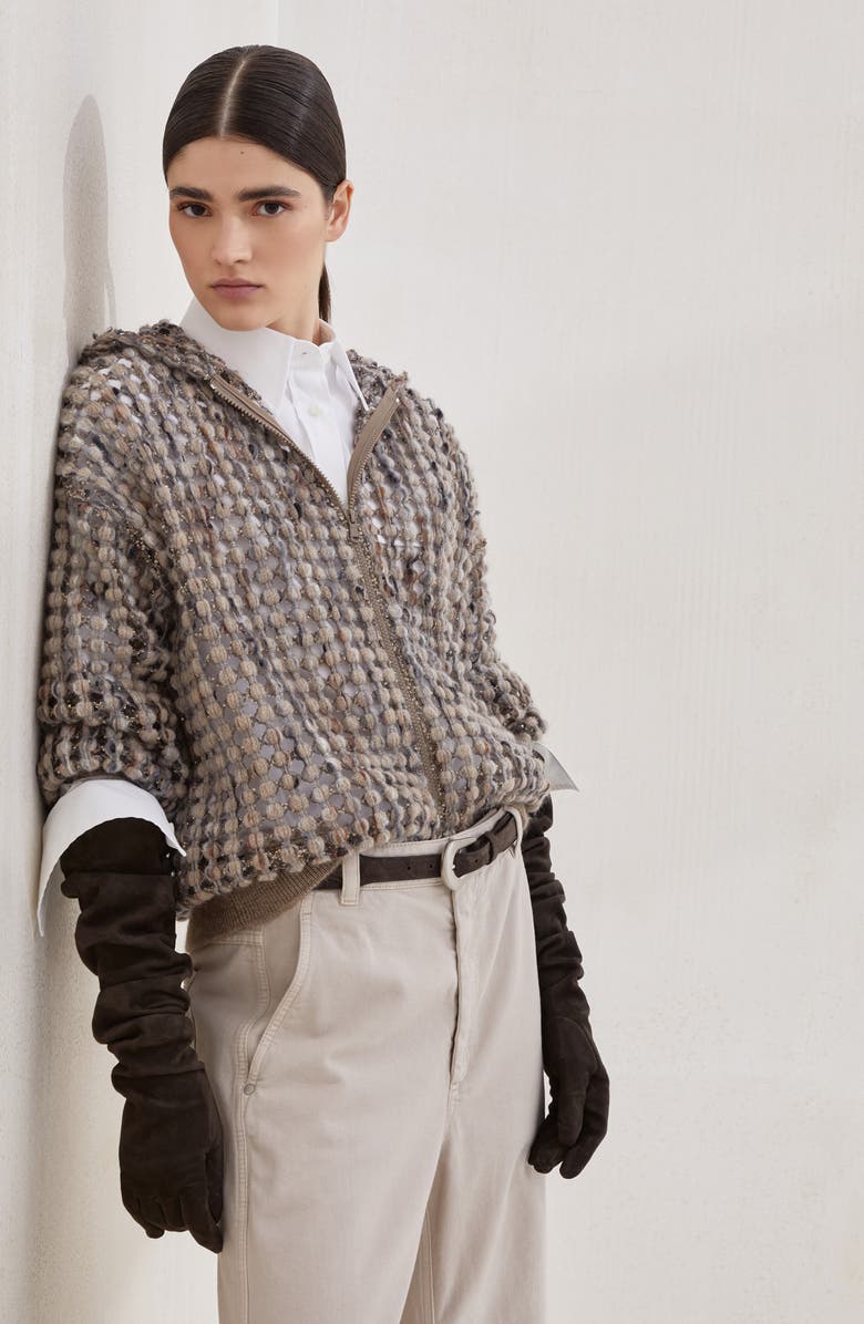 Brunello Cucinelli Balloon net cardigan, Alternate, color, Camel