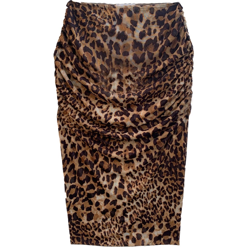 Baacal Deana Ruched Leopard Mesh Skirt In Brown