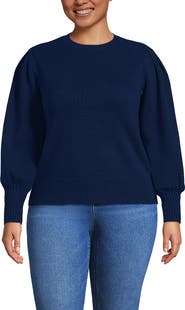 Lands' End Plus Size Drifter Puff Sleeve Jacquard Crew Neck Sweater